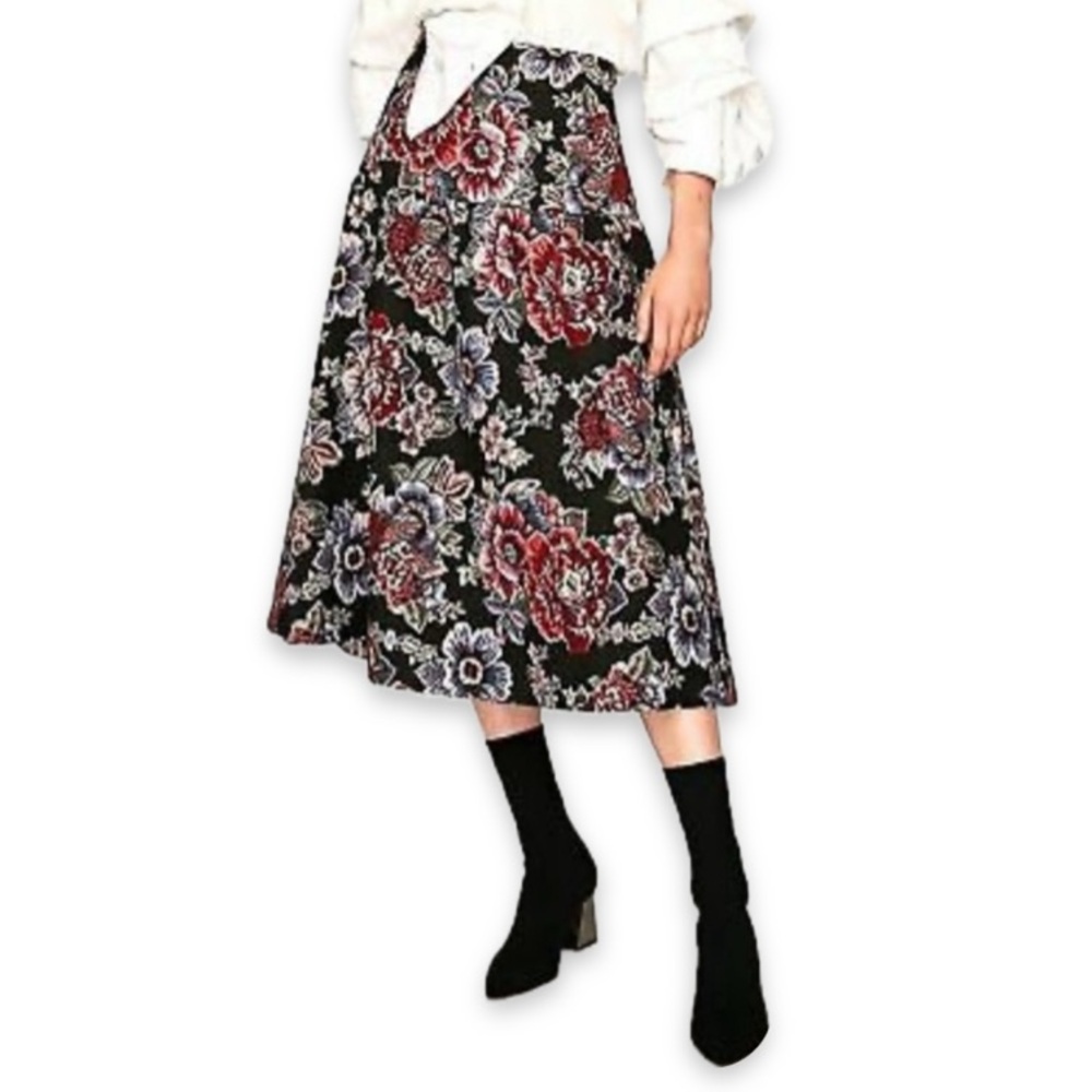 ZARA Floral Embroidered Jacquard Midi Skirt Black Multicolor Flowers Tapestry